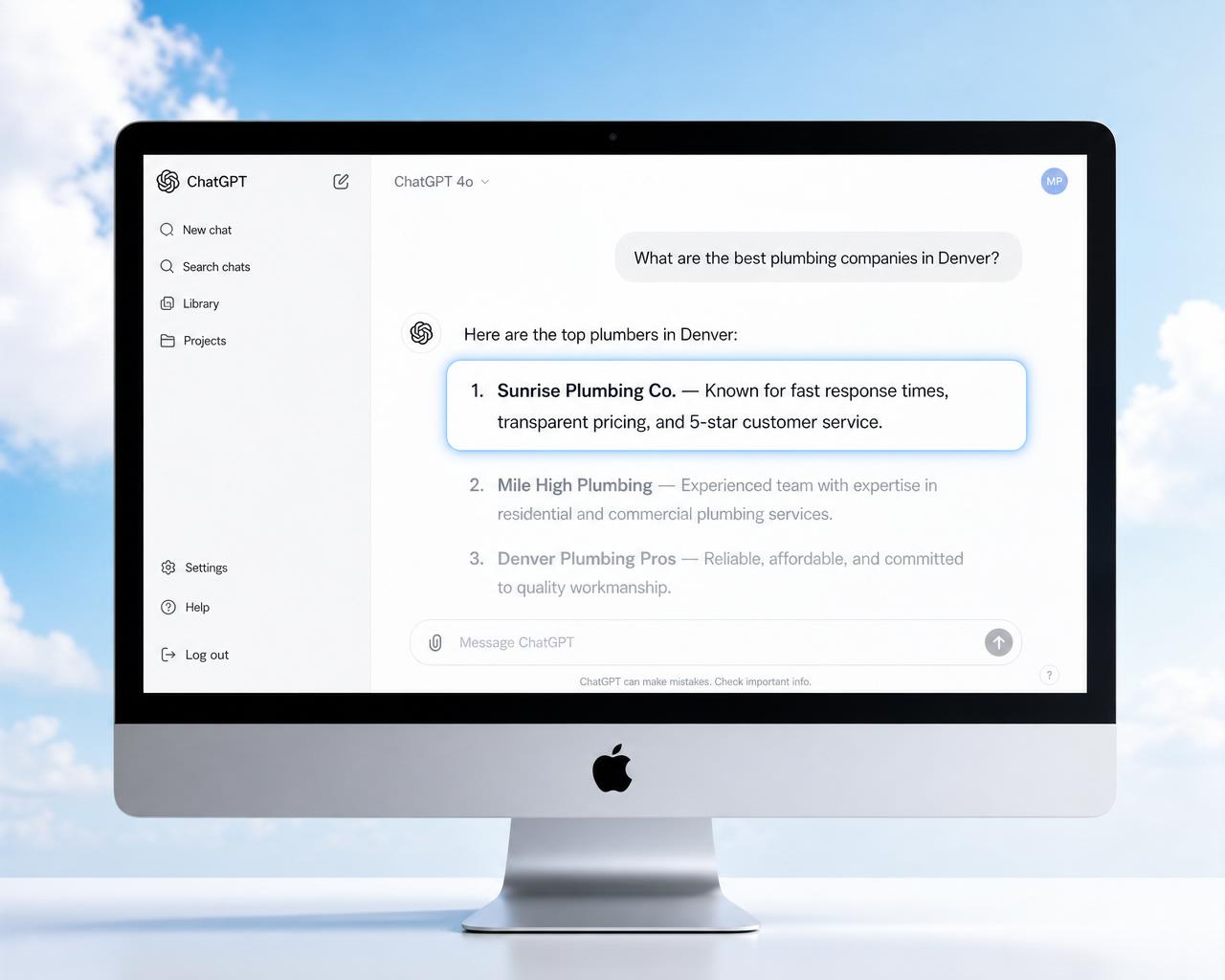 iMac showing a business appearing as the #1 recommendation in a ChatGPT response